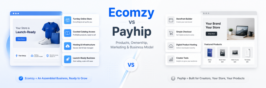 Ecomzy vs Payhip: Products, Store Ownership, Marketing and Business Model Compared