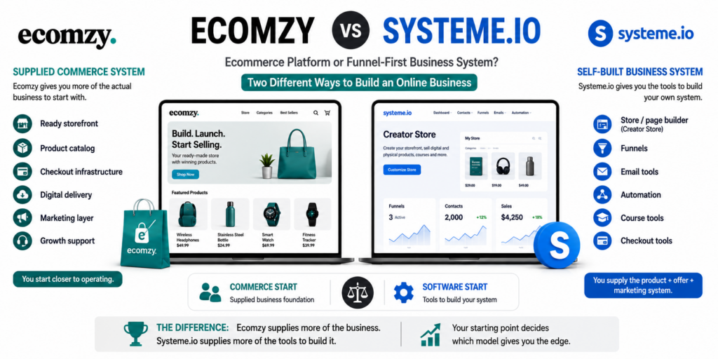 Ecomzy vs Systeme.io: Ecommerce Platform or Funnel-First Business System?