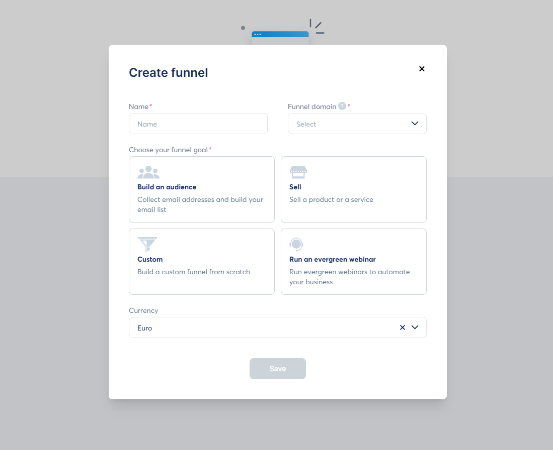 Systeme.io create funnel screen with audience, sales, custom and evergreen webinar goals