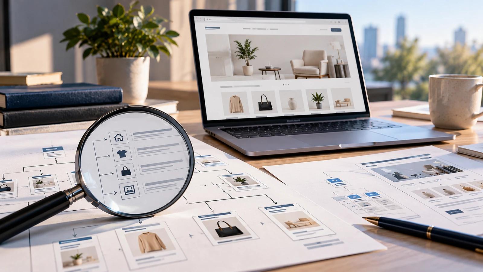 Ecommerce product website and sitemap SEO planning materials in a professional workspace