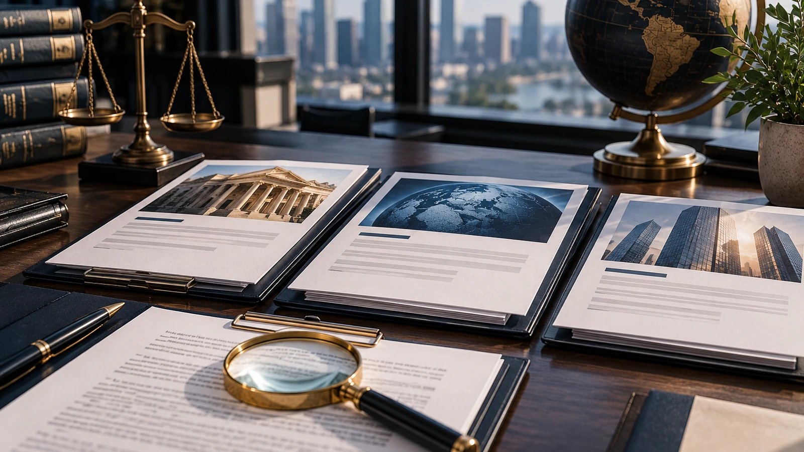Financial legal due-diligence documents, magnifying glass and scales in an editorial office
