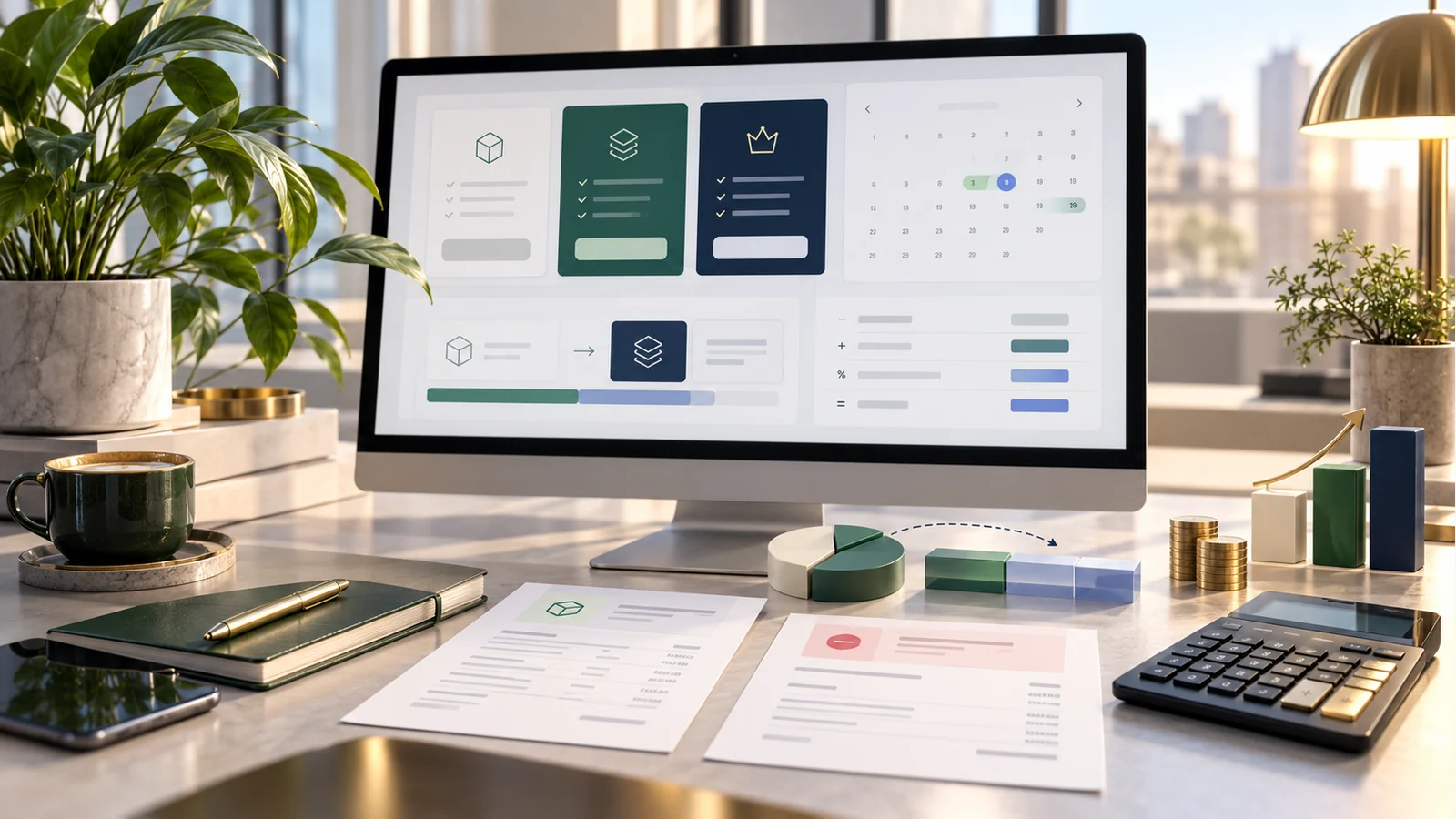 Editorial cover illustration: a WooCommerce order-management workspace, symbolizing the decision to migrate order storage only after a controlled audit.