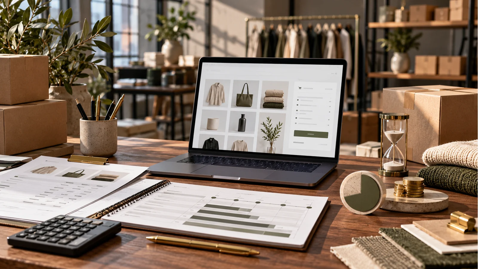 Editorial cover illustration: a wholesale-style ecommerce workspace representing Shopify B2B ordering, inventory, and payment planning.