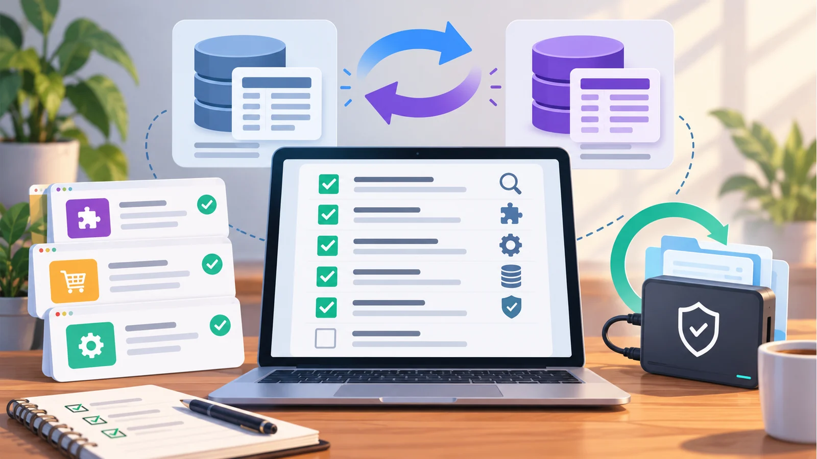 A second editorial illustration showing checklist-driven migration with backup and sync themes, reinforcing that HPOS migration should be validated against concrete workflows.