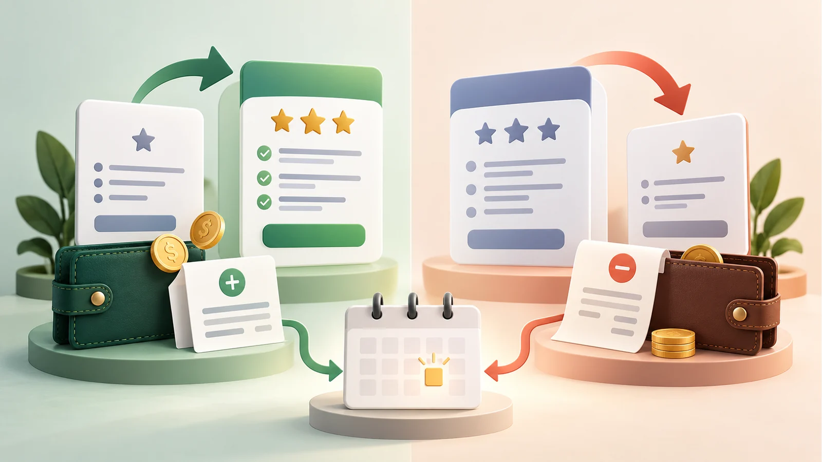 Concept illustration: upgrade and downgrade scenarios both flow into the next renewal point, which helps visualize why support teams must explain access changes separately from invoice timing.